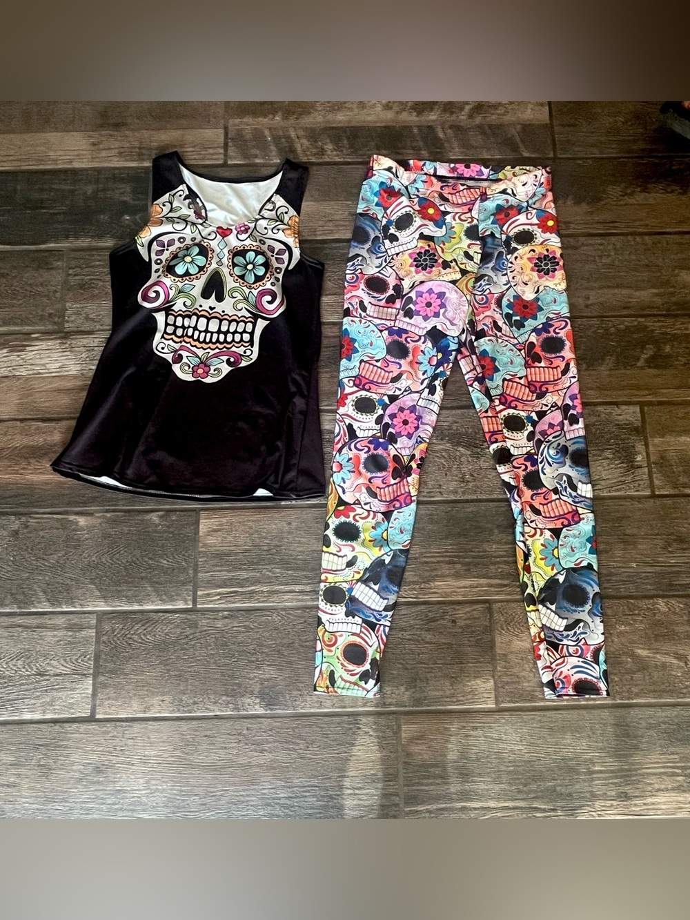 BlackMilk Day of the Dead skull print leggings M & matching rank top XL